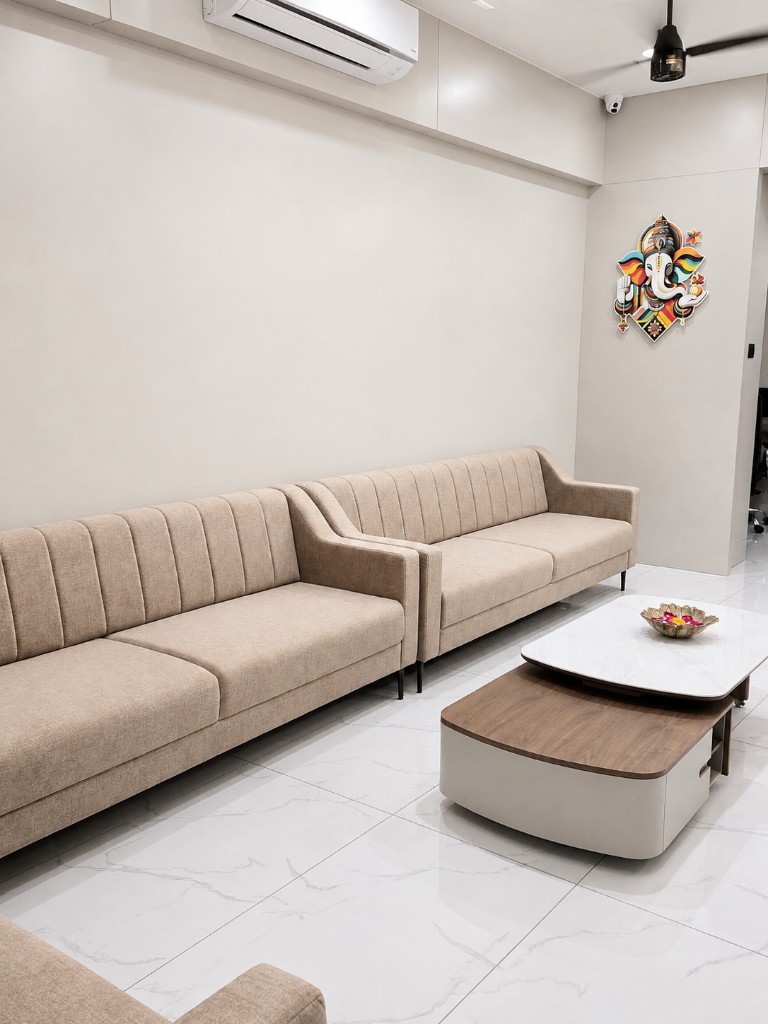 Waiting lounge with beige sofas and marble flooring