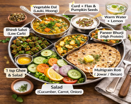 A labelled hormonal-health thali with dal, curd, paneer bhurji, multigrain roti, bhindi, salad, ghee, and lemon water