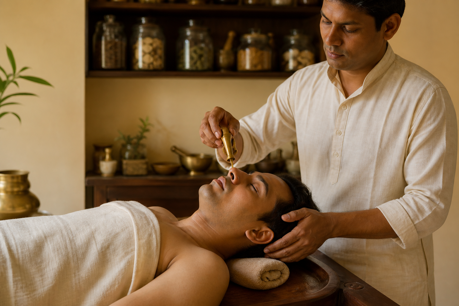 Nasya therapy with herbal oil drops administered through the nose