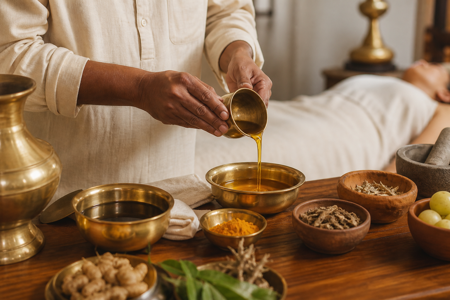 Virechana therapy with medicated ghee and herbal medicines being prepared