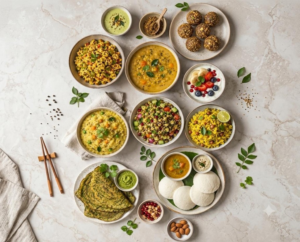 A marble-table spread of healthy Indian recipes including idli, sprout salad, dal, poha, and fruit