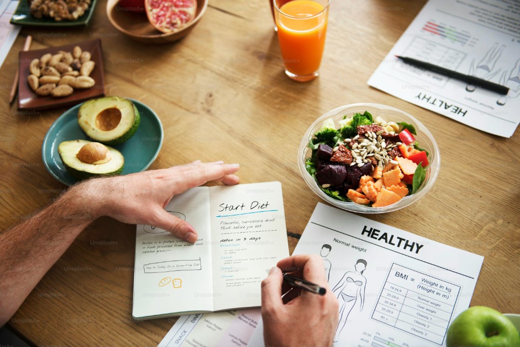 A personal diet plan written beside everyday healthy food