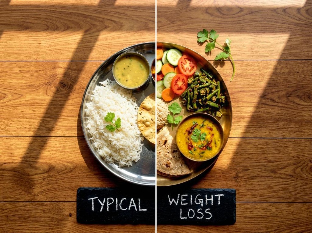 Typical Indian thali compared with a weight-loss thali of brown rice, roti, dal, vegetables, and salad